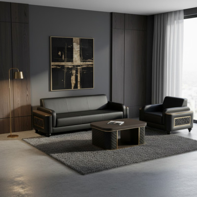 Black 3-seater sofa, armchair, brown coffee table, modern design, study room