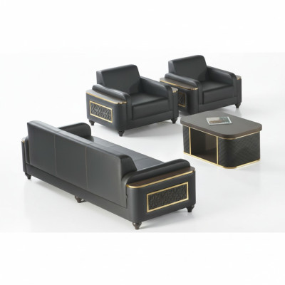 Black 3-seater sofa, armchair, brown coffee table, modern design, study room