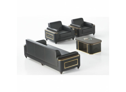 Black 3-seater sofa, armchair, brown coffee table, modern design, study room