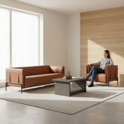 Seating furniture 3-piece set brown 3-seater armchair gray color coffee table study