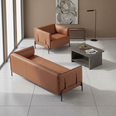 Seating furniture 3-piece set brown 3-seater armchair gray color coffee table study