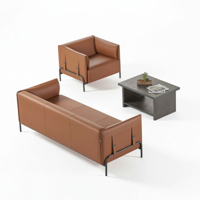 Seating furniture 3-piece set brown 3-seater armchair gray color coffee table study