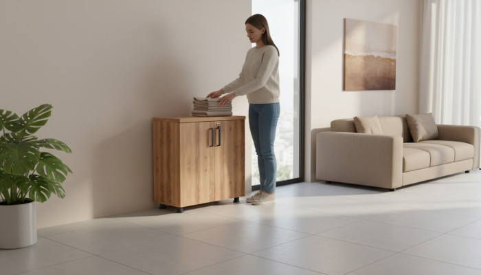 Rectangular filing cabinet with two doors, brown, solid color, study room