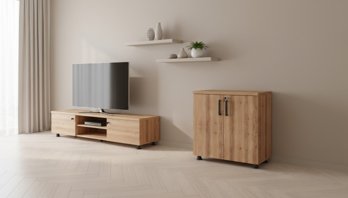 Rectangular filing cabinet with two doors, brown, solid color, study room