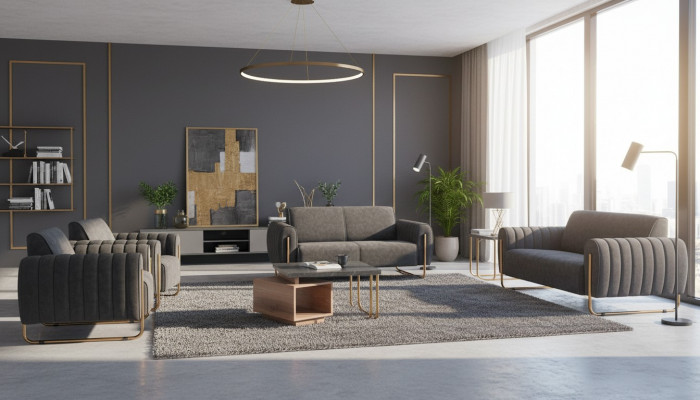 Noble gray office suite 2x upholstered two-seater wooden coffee table fabric furniture