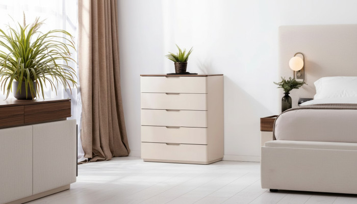 Stylish Beige Chest of Drawers Wooden Bedroom Furniture 5 Drawers Designer