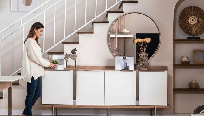 Stylish White Brown Sideboard Round Mirror Designer Wooden Furniture Dining Room