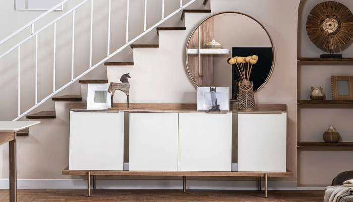 Stylish White Brown Sideboard Round Mirror Designer Wooden Furniture Dining Room