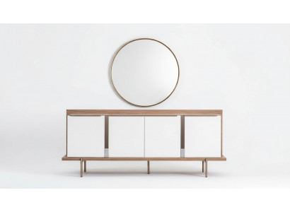 Stylish White Brown Sideboard Round Mirror Designer Wooden Furniture Dining Room