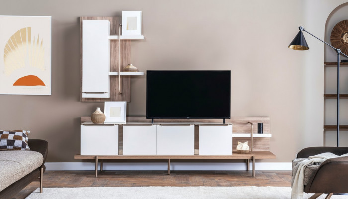 Stylish White Light Brown Living Room Set RTV Shelf Wooden Lowboard