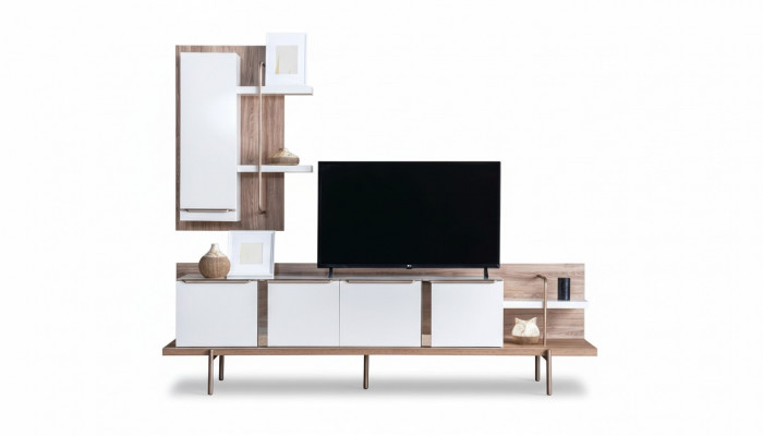 Stylish White Light Brown Living Room Set RTV Shelf Wooden Lowboard