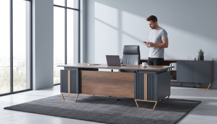 Desk Study Room Office Table Rectangular Shape Gray Brown Two-Tone