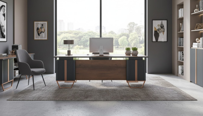 Desk Study Room Office Table Rectangular Shape Gray Brown Two-Tone