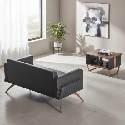 Study room set, 2-piece, 2-seater with coffee table, gray brown two-tone