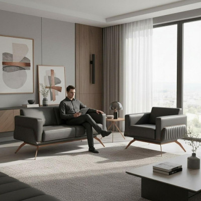 Office room set 2-piece 2-seater sofa with armchair gray solid color living room