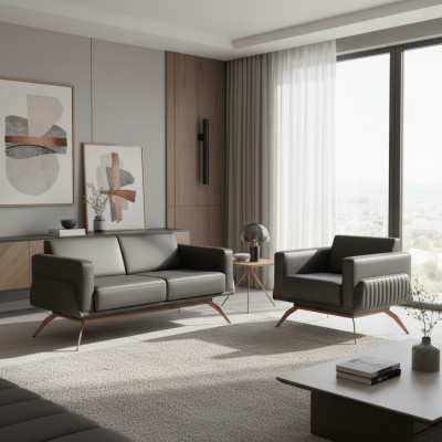 Office room set 2-piece 2-seater sofa with armchair gray solid color living room