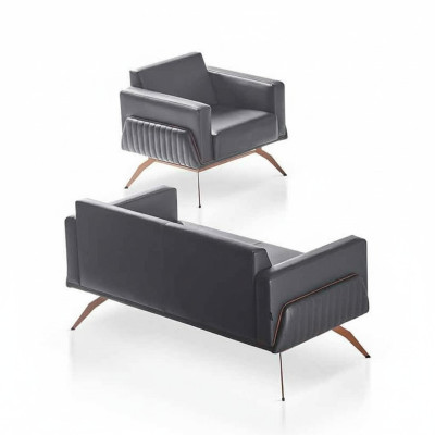 Office room set 2-piece 2-seater sofa with armchair gray solid color living room
