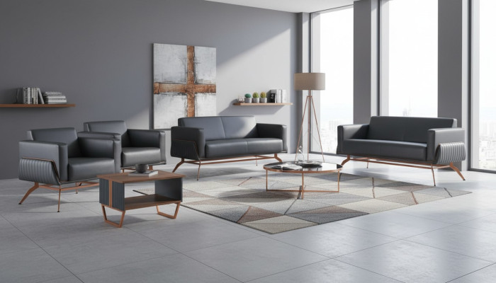 Home office set, 5-piece, 2x 2-seater, 2x armchair, coffee table, gray, solid color