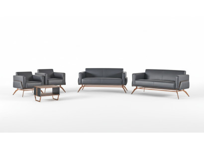 Home office set, 5-piece, 2x 2-seater, 2x armchair, coffee table, gray, solid color