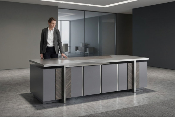 Rectangular office desk, gray, solid color, modern design style with storage space.
