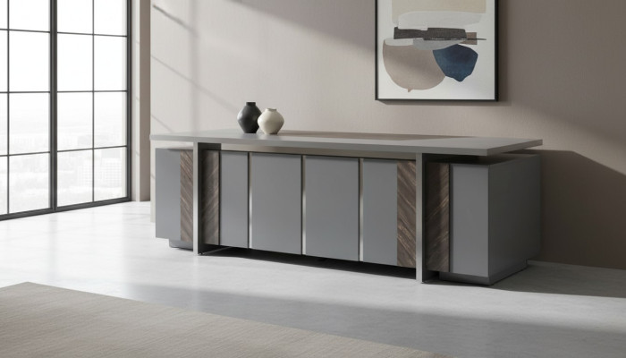 Rectangular office desk, gray, solid color, modern design style with storage space.