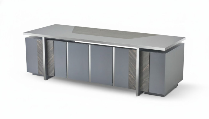 Rectangular office desk, gray, solid color, modern design style with storage space.