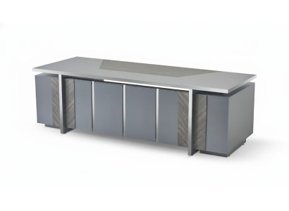 Rectangular office desk, gray, solid color, modern design style with storage space.