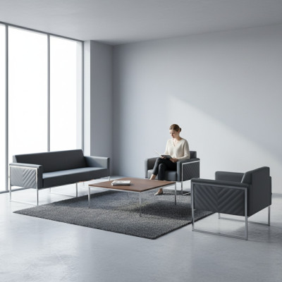 Study Room Set 3-piece, 3-seater with 2x armchair, gray, solid color, modern style
