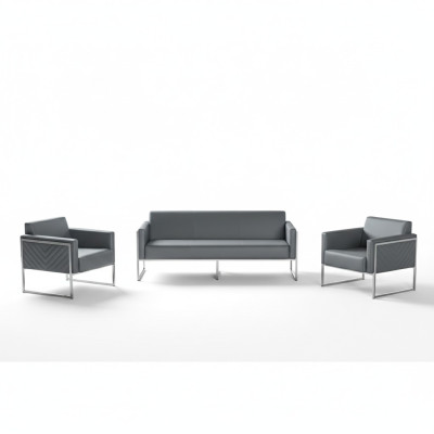 Study Room Set 3-piece, 3-seater with 2x armchair, gray, solid color, modern style