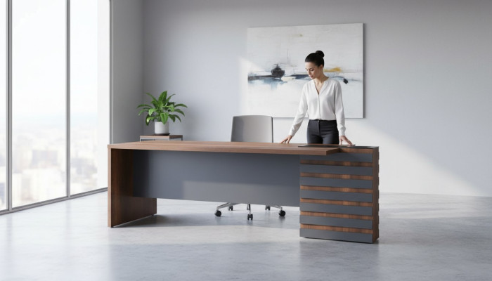 Office desk, brown and gray, two-tone, modern design, rectangular, for study rooms