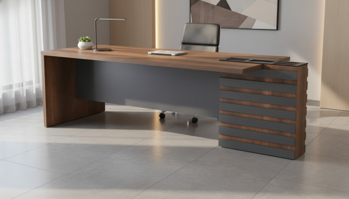 Office desk, brown and gray, two-tone, modern design, rectangular, for study rooms