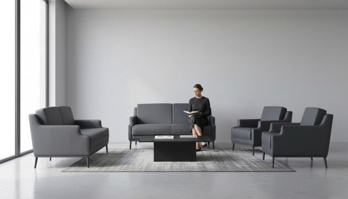 Office room set, 4-piece, 2x two-seater, 2x armchair, dark grey, solid color, modern.