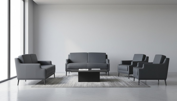 Office room set, 4-piece, 2x two-seater, 2x armchair, dark grey, solid color, modern.