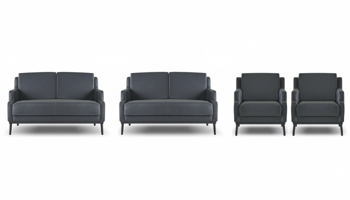 Office room set, 4-piece, 2x two-seater, 2x armchair, dark grey, solid color, modern.