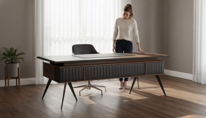 Rectangular office desk, brown and gray two-tone with drawers, modern.