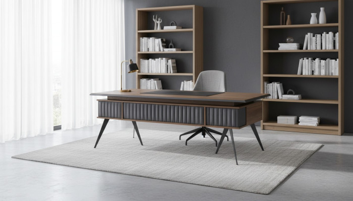 Rectangular office desk, brown and gray two-tone with drawers, modern.