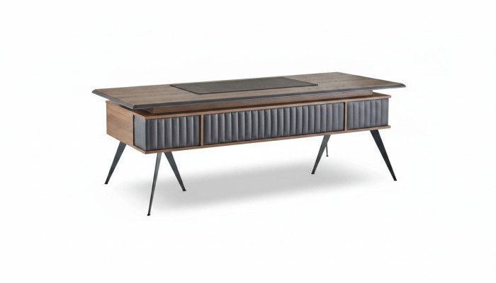 Rectangular office desk, brown and gray two-tone with drawers, modern.