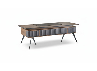 Rectangular office desk, brown and gray two-tone with drawers, modern.