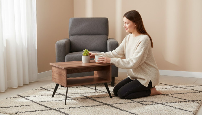 Coffee table brown with shelf rectangular shape single-color style study room