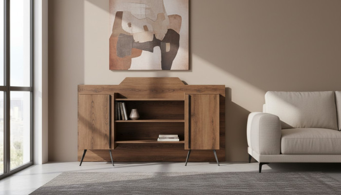 Filing Cabinet Sideboard Shelves Storage Space Brown Solid Color Modern Design