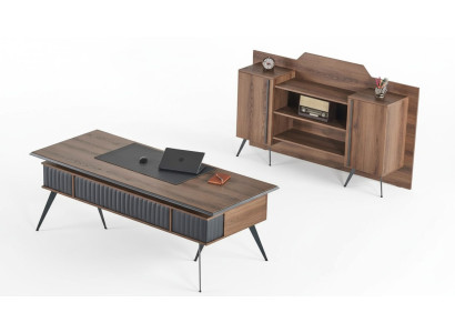 Office room set, 2-piece desk sideboard storage space, brown, single color