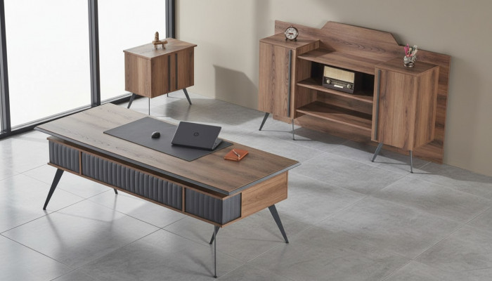 Office room set 3-piece desk sideboard chest of drawers brown gray two-tone