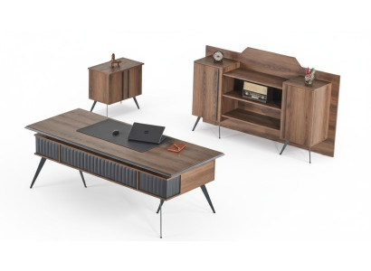 Office room set 3-piece desk sideboard chest of drawers brown gray two-tone