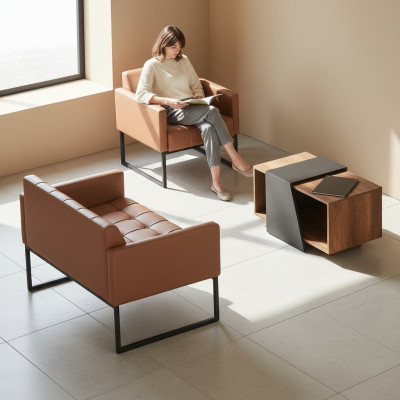 Home office brown gray set 3-piece 2-seater armchair coffee table modern style