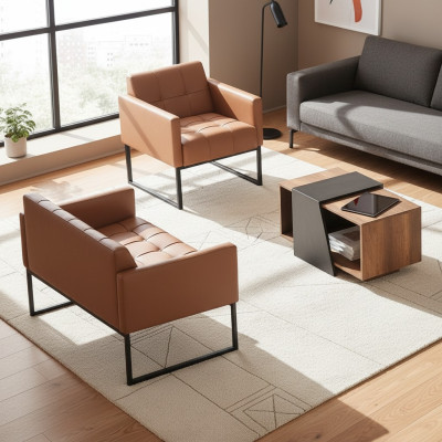 Home office brown gray set 3-piece 2-seater armchair coffee table modern style