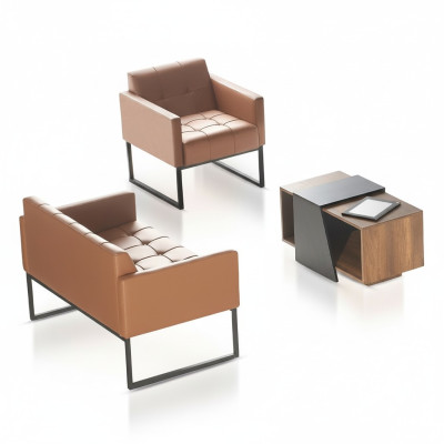 Home office brown gray set 3-piece 2-seater armchair coffee table modern style