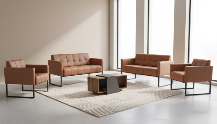 Office room set, 5 pieces, brown, 2x 2-seater, 2x armchairs, coffee table, gray style