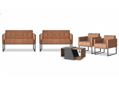 Office room set, 5 pieces, brown, 2x 2-seater, 2x armchairs, coffee table, gray style
