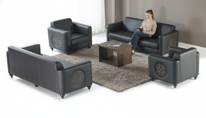 Study Room Set 4-Piece Black 3-Seater 2x Armchair Brown Coffee Table Modern