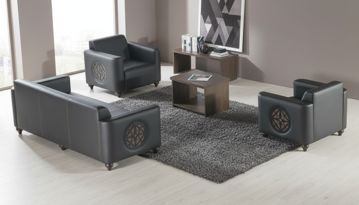 Study Room Set 4-Piece Black 3-Seater 2x Armchair Brown Coffee Table Modern